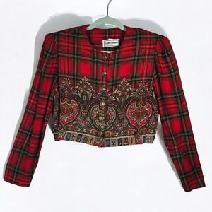 Vintage 80s Karin Stevens Cropped Blazer Jacket Women Size 8 Red Tartan Paisley
